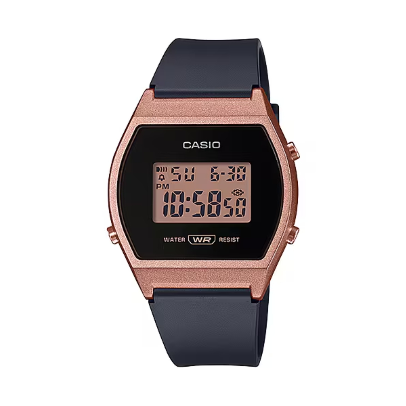 Casio digital watch with rose gold case and black strap on a white background