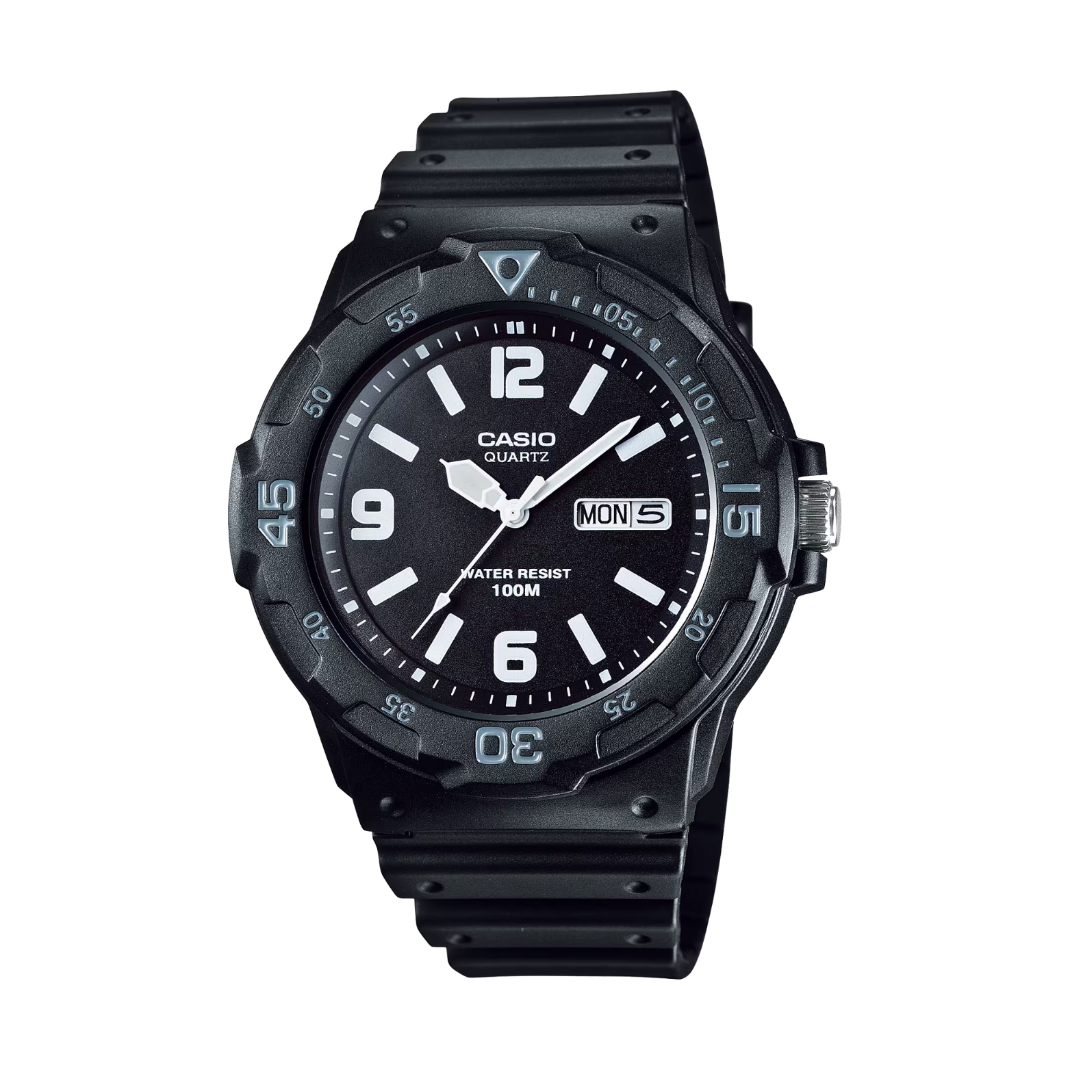 Black Casio watch with a white face on a white background