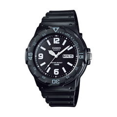 Black Casio watch with a white face on a white background