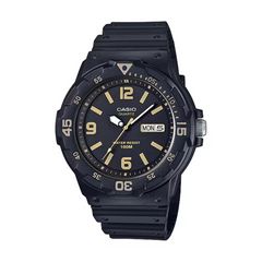 Black Casio watch with yellow text on a white background