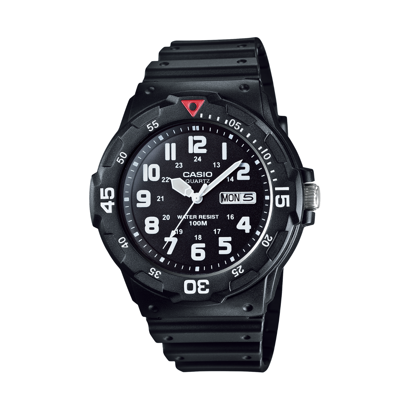 Black Casio watch with a white face on a white background