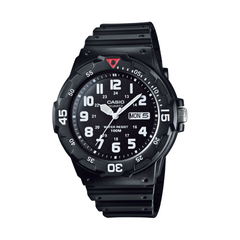 Black Casio watch with a white face on a white background