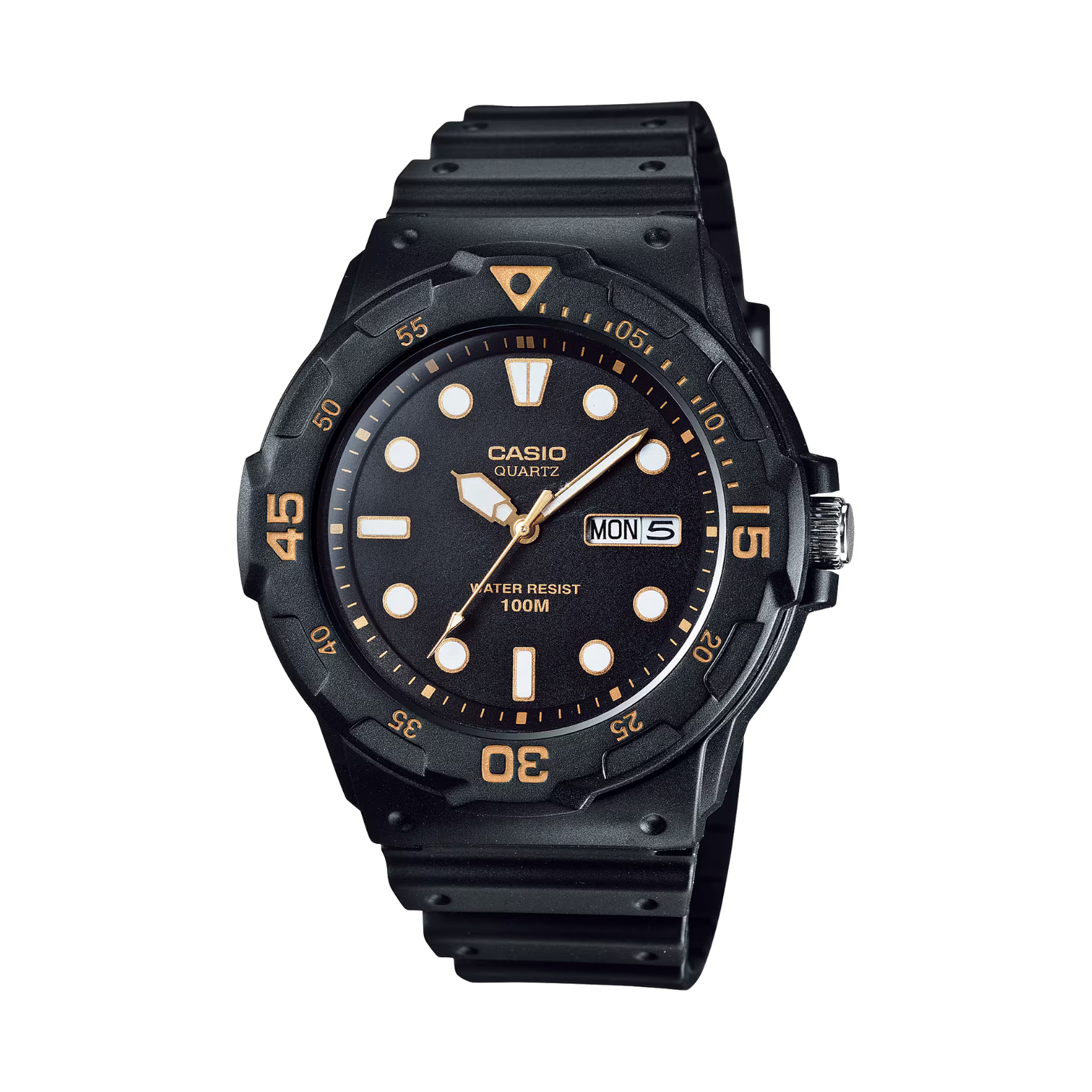 Black Casio watch with a white face on a white background