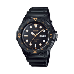 Black Casio watch with a white face on a white background