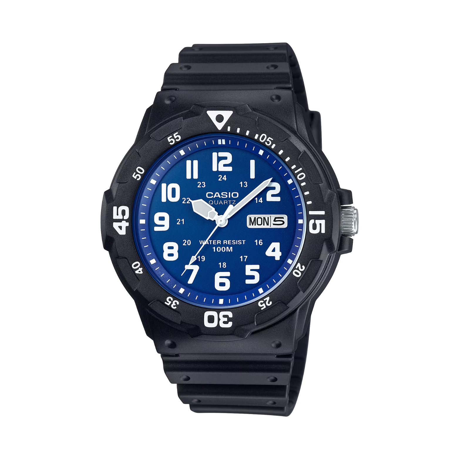 Black Casio watch with blue dial on a white background