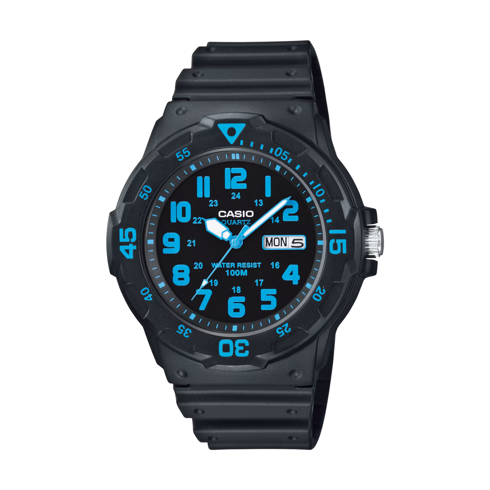 Black Casio watch with blue digital display on a white background
