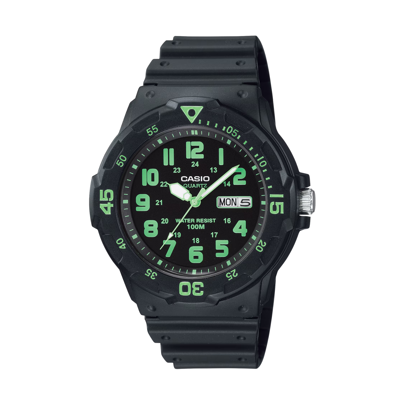 Black Casio watch with green digital display on a white background