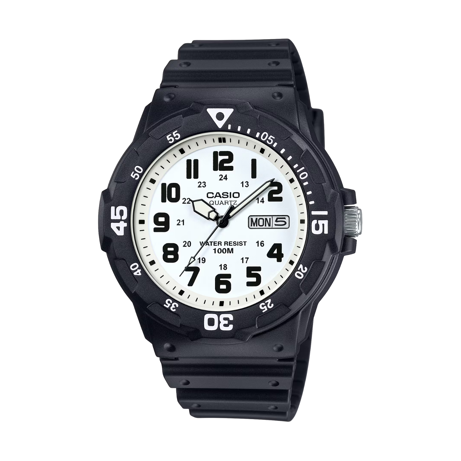 Black Casio watch with a white dial on a white background