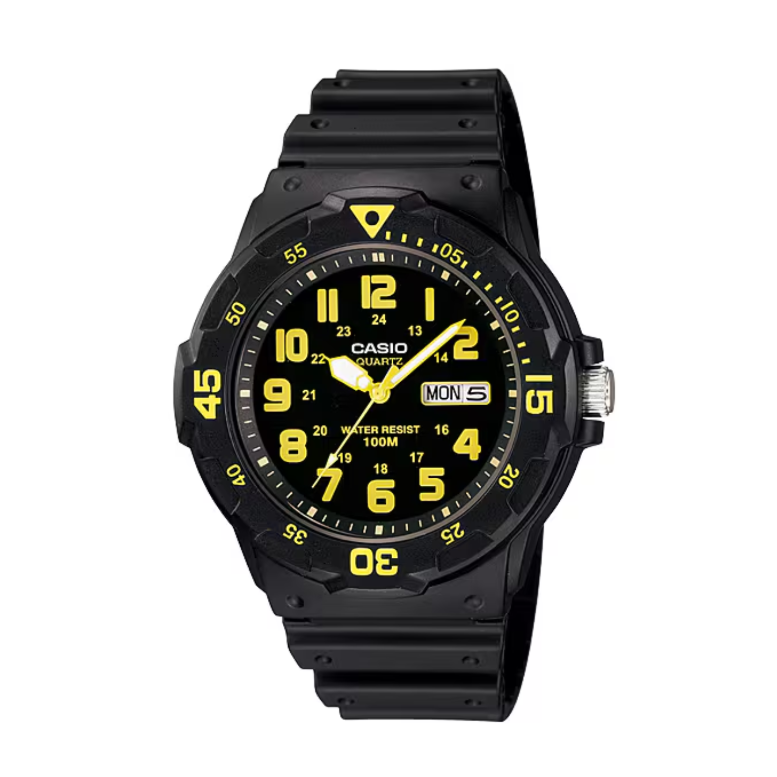 Black Casio watch with yellow text on a white background