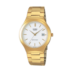 Gold Casio watch with a white face on a white background