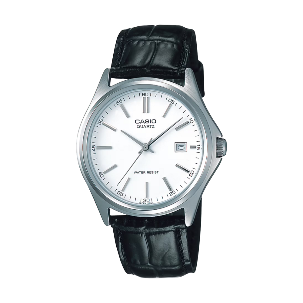 Casio watch with black leather strap on a white background