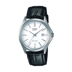 Casio watch with black leather strap on a white background