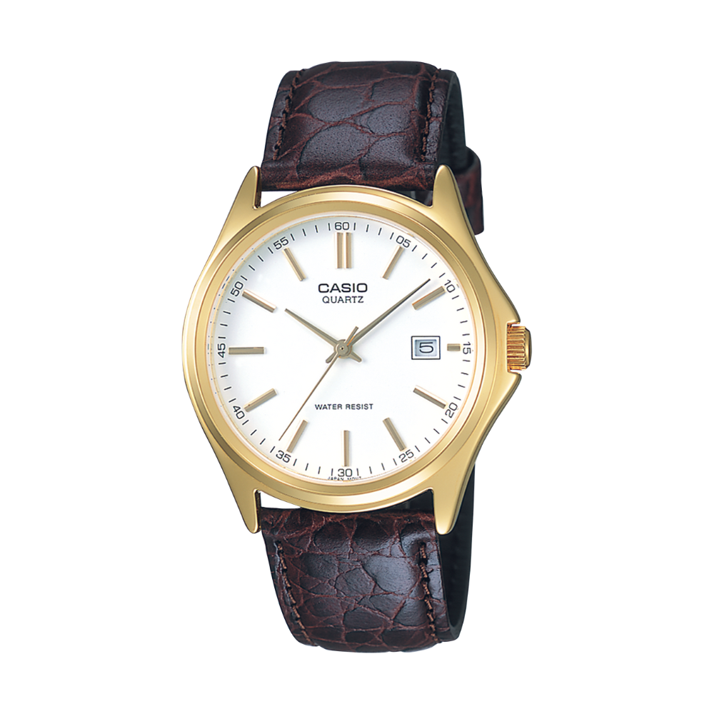 Casio watch with gold case and brown leather strap on a white background