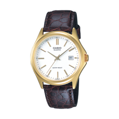 Casio watch with gold case and brown leather strap on a white background