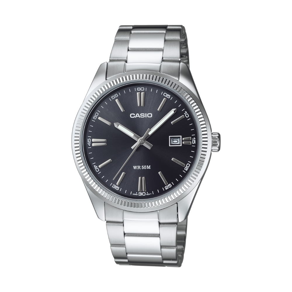 Casio watch with silver metal strap and black dial on a white background