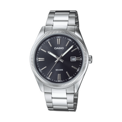 Casio watch with silver metal strap and black dial on a white background