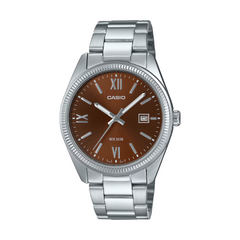 Casio watch with brown dial and silver metal strap on a white background