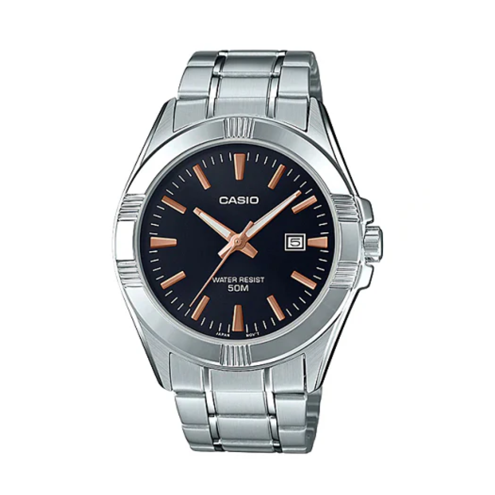 Casio watch with silver metal strap and black dial on a white background