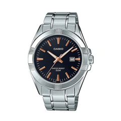 Casio watch with silver metal strap and black dial on a white background
