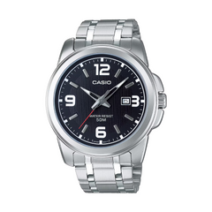 Casio watch with silver metal strap on a white background