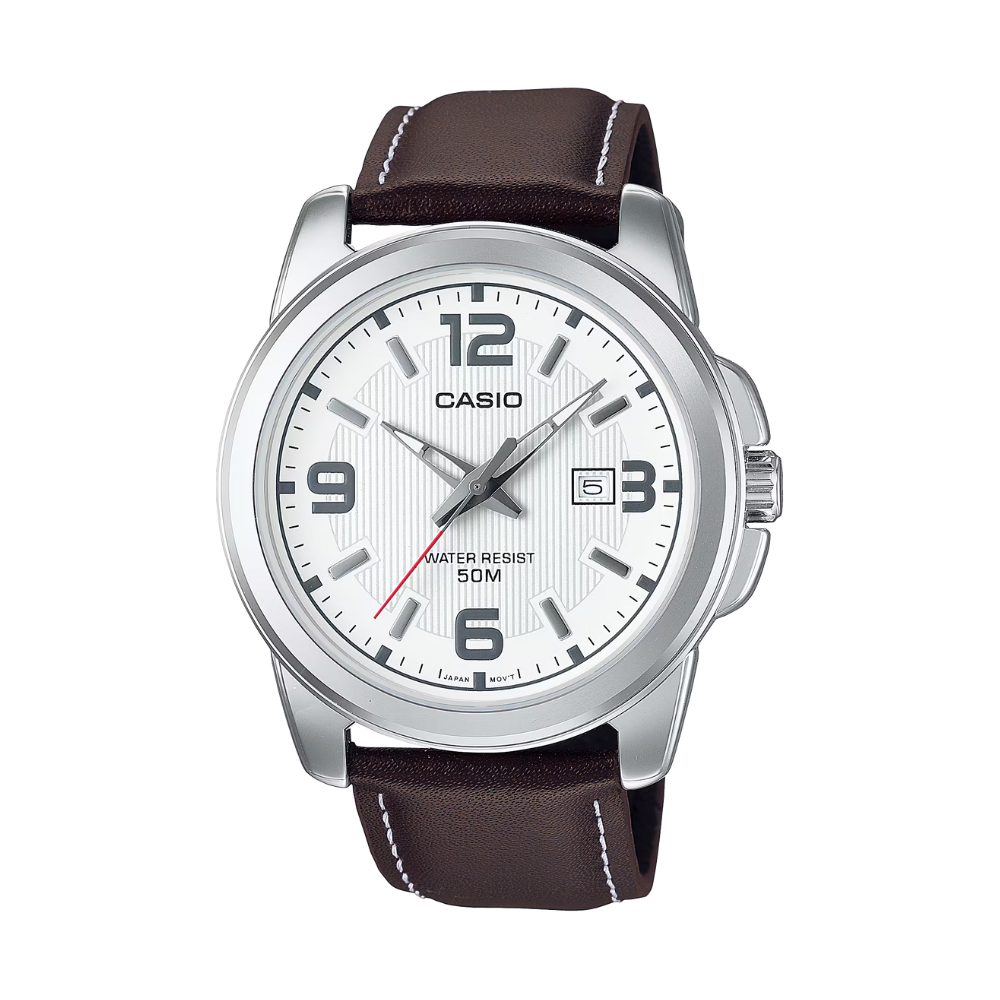 Casio watch with brown leather strap on a white background