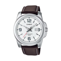 Casio watch with brown leather strap on a white background
