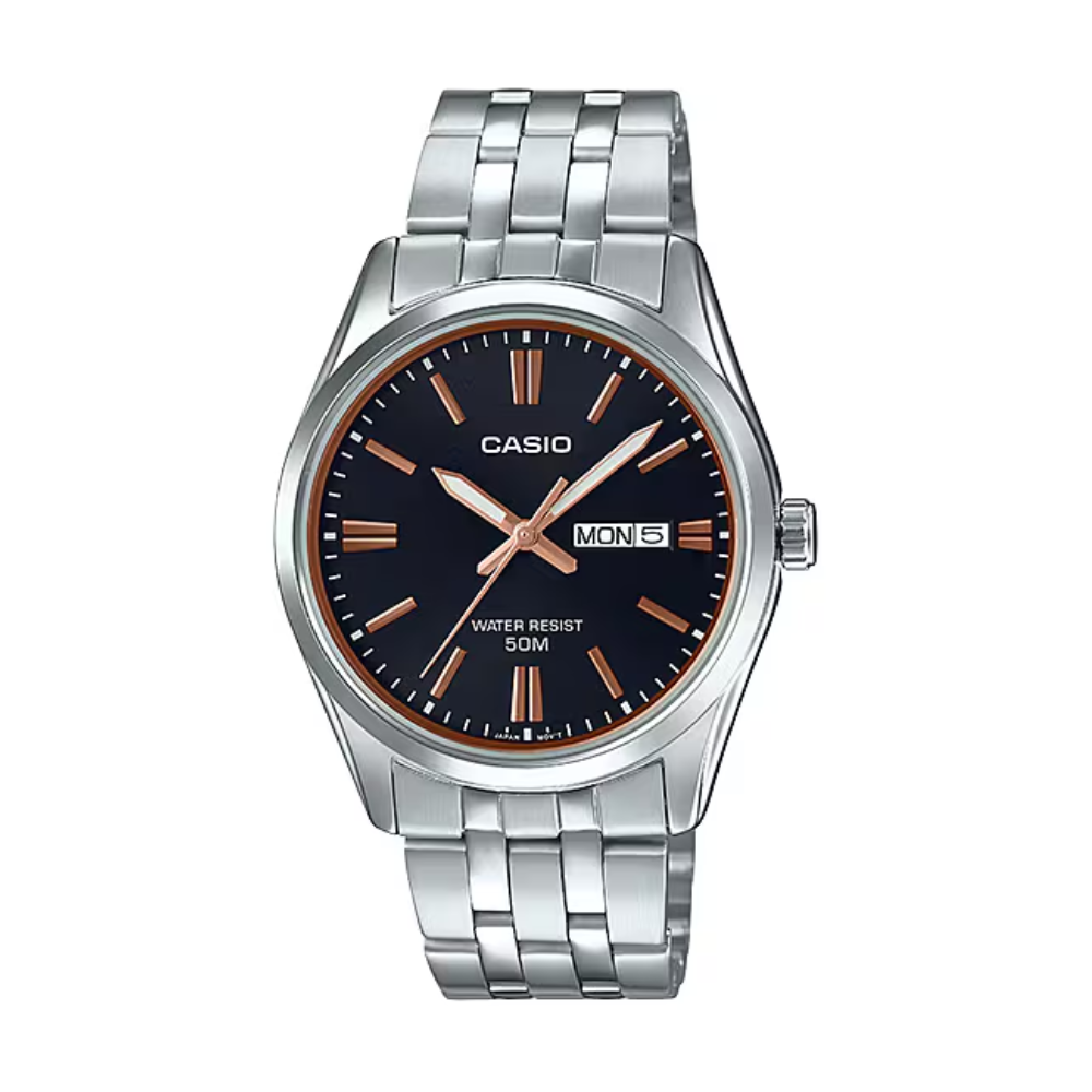 Casio watch with silver metal strap and black dial on a white background