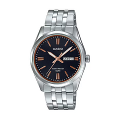 Casio watch with silver metal strap and black dial on a white background