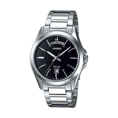Casio watch with black dial and silver metal strap on a white background