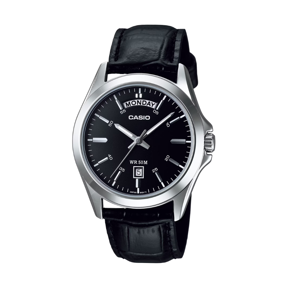 Casio watch with black leather strap and black dial on a white background