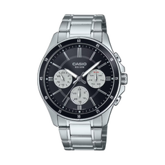 Casio watch with silver strap and black dial on a white background