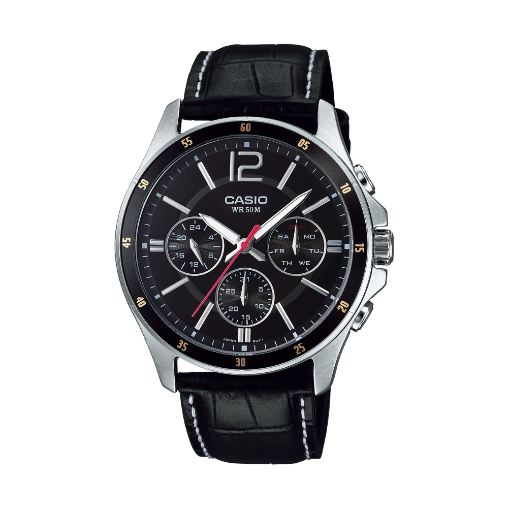 Casio watch with black leather strap and black dial on a white background