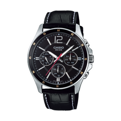 Casio watch with black leather strap and black dial on a white background
