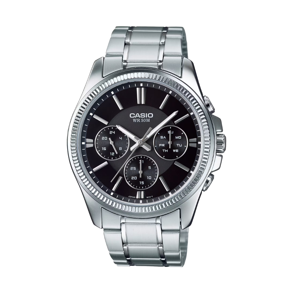 Casio watch with silver strap and black dial on a white background