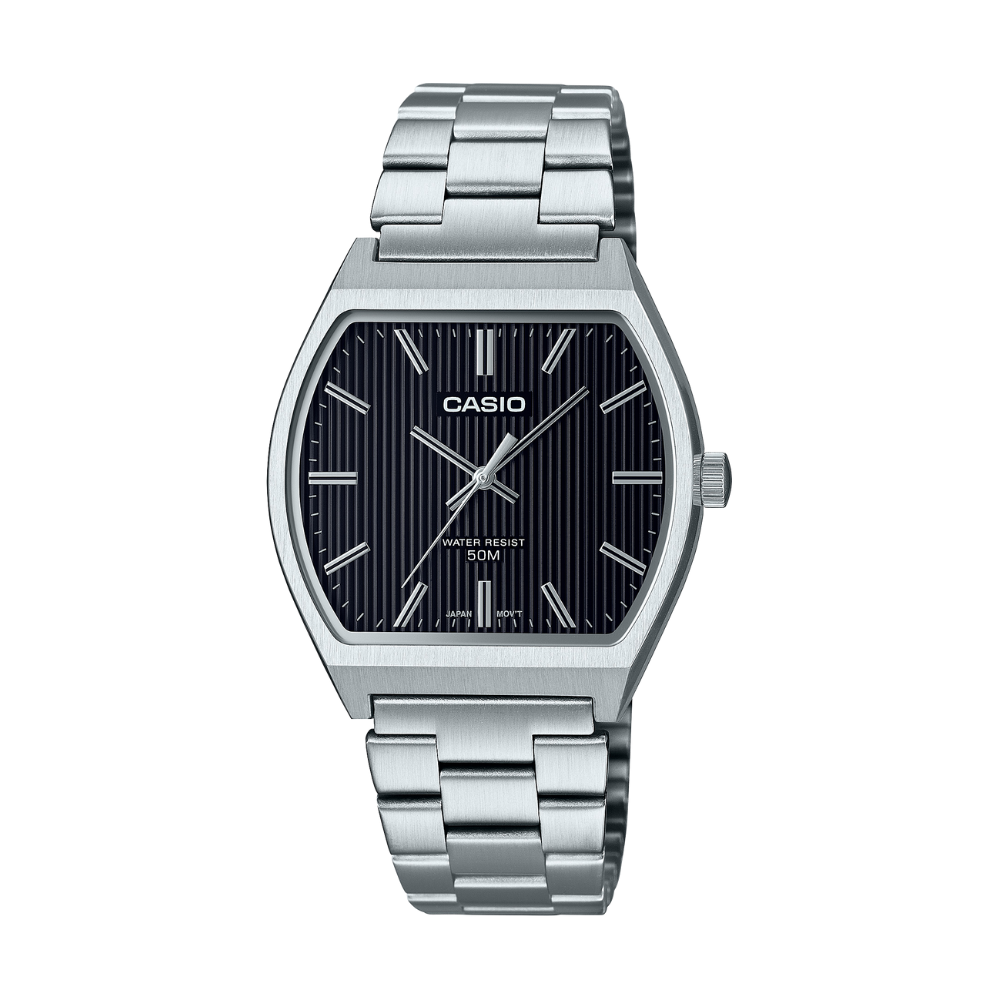 Casio watch with silver metal strap and black dial on a white background