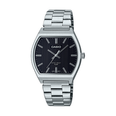 Casio watch with silver metal strap and black dial on a white background