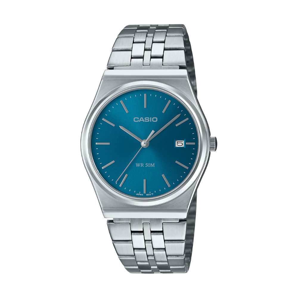 Casio watch with blue dial and silver metal strap on a white background