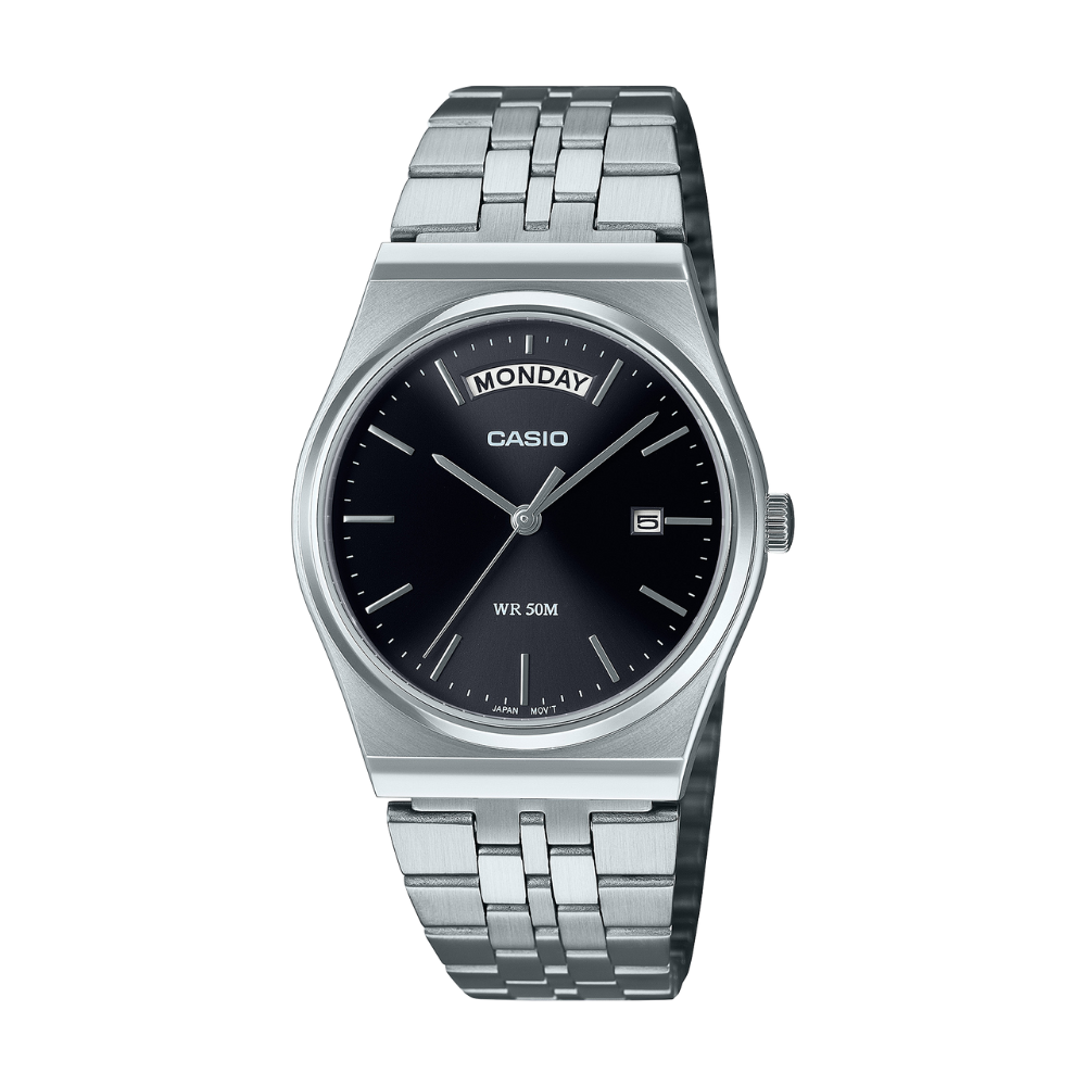 Casio watch with silver metal strap and black dial on a white background