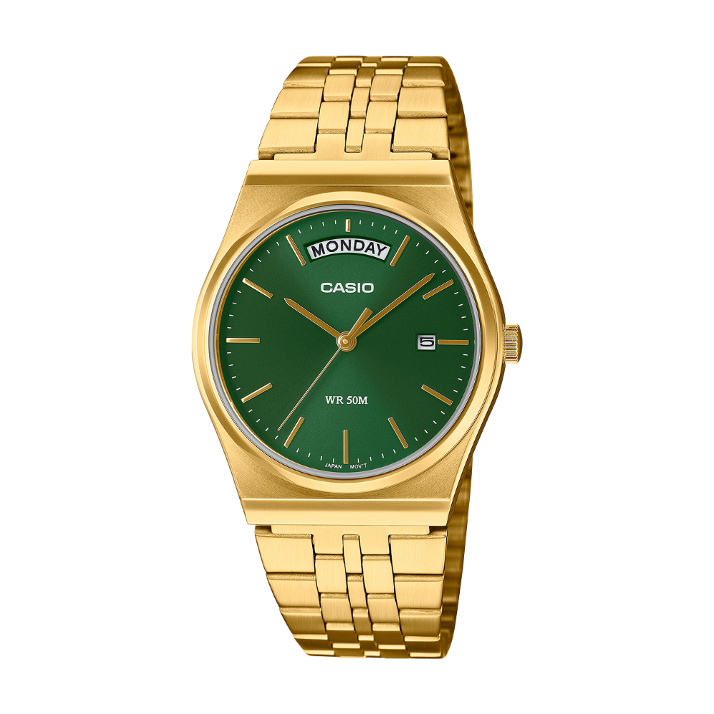 Gold Casio watch with a green dial on a white background