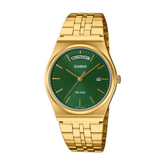Gold Casio watch with a green dial on a white background