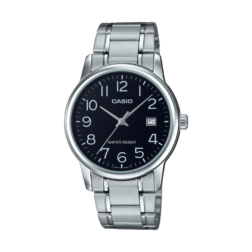 Casio watch with black dial and silver metal strap on a white background