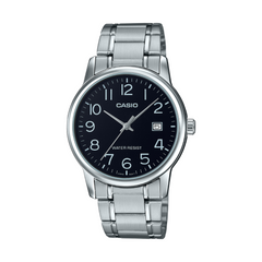 Casio watch with black dial and silver metal strap on a white background