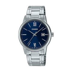Casio watch with blue dial and silver metal strap on a white background