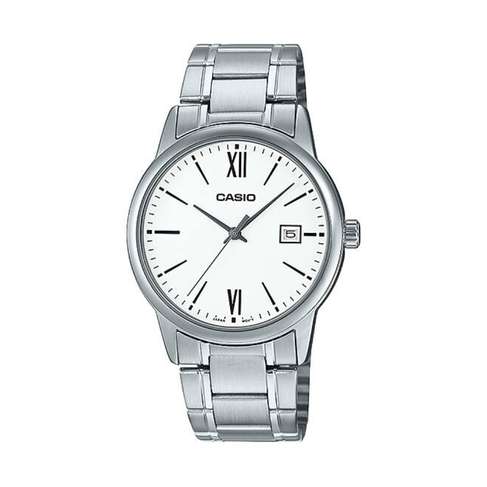 Silver Casio watch with a white face on a white background