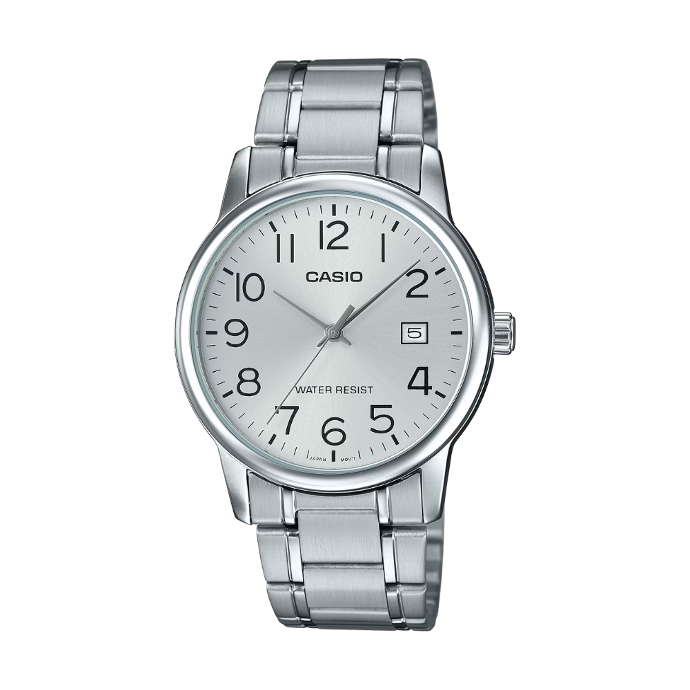 Silver Casio watch on a white background