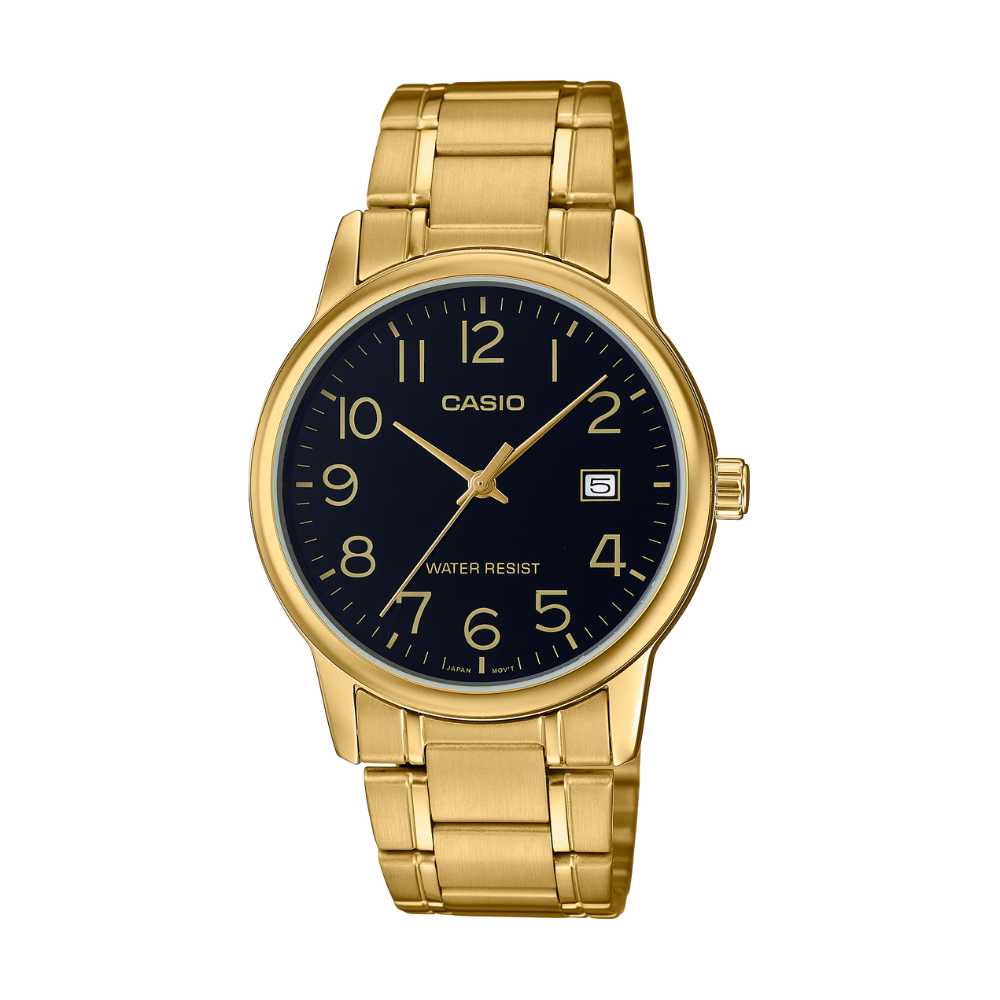 Gold Casio watch with black dial on a white background