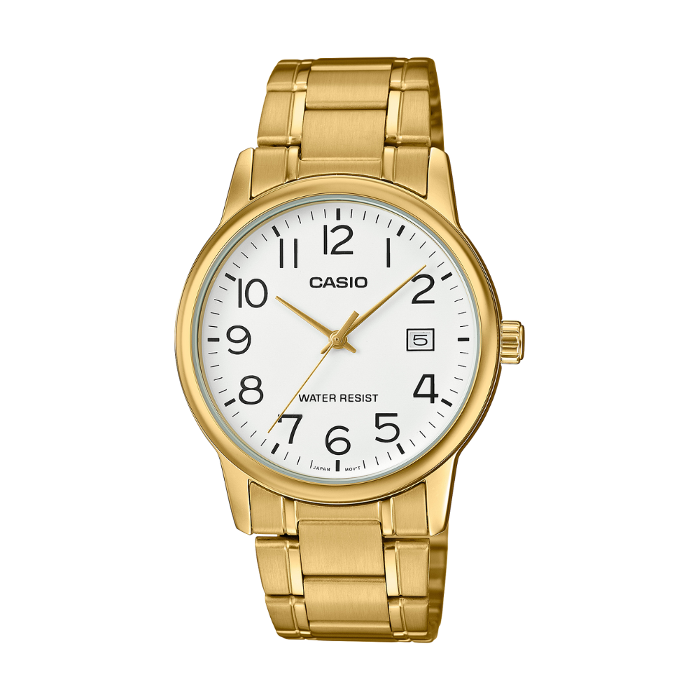 Gold Casio watch with a white face on a white background