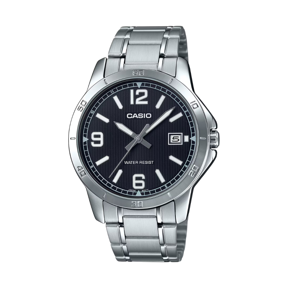 Casio watch with silver metal strap and black dial on a white background