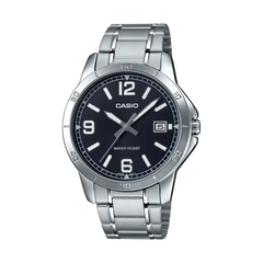 Casio watch with silver metal strap and black dial on a white background