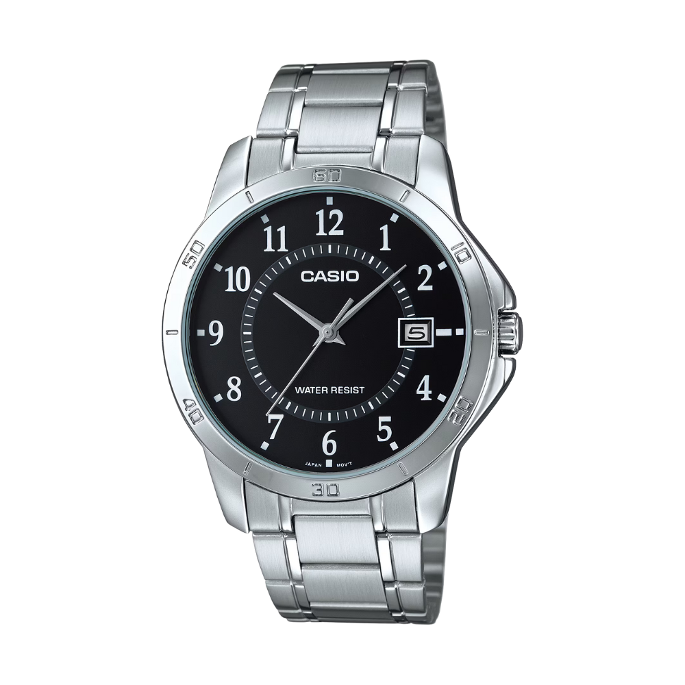 Casio watch with black dial and silver metal strap on a white background